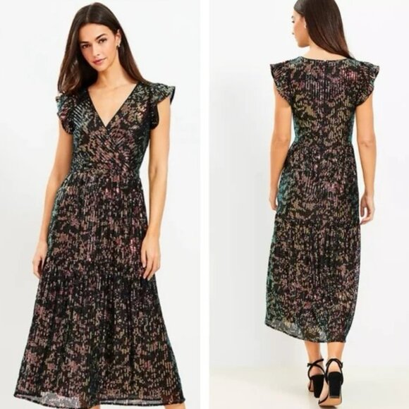 NWT - LOFT - long, tiered black dress with colorful sequins 2 - Picture 1 of 8